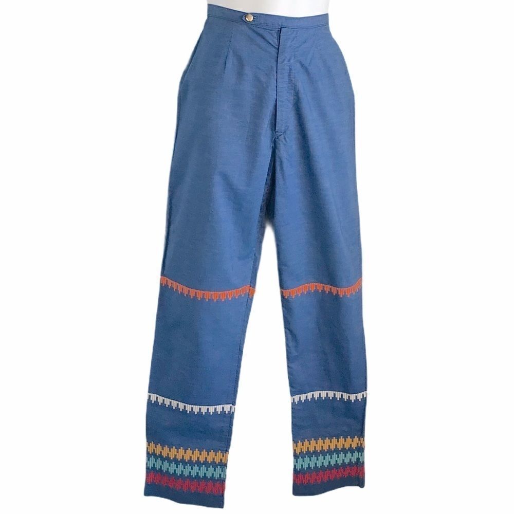 Vintage 1960s Embroidered Striped Pants Blue Small